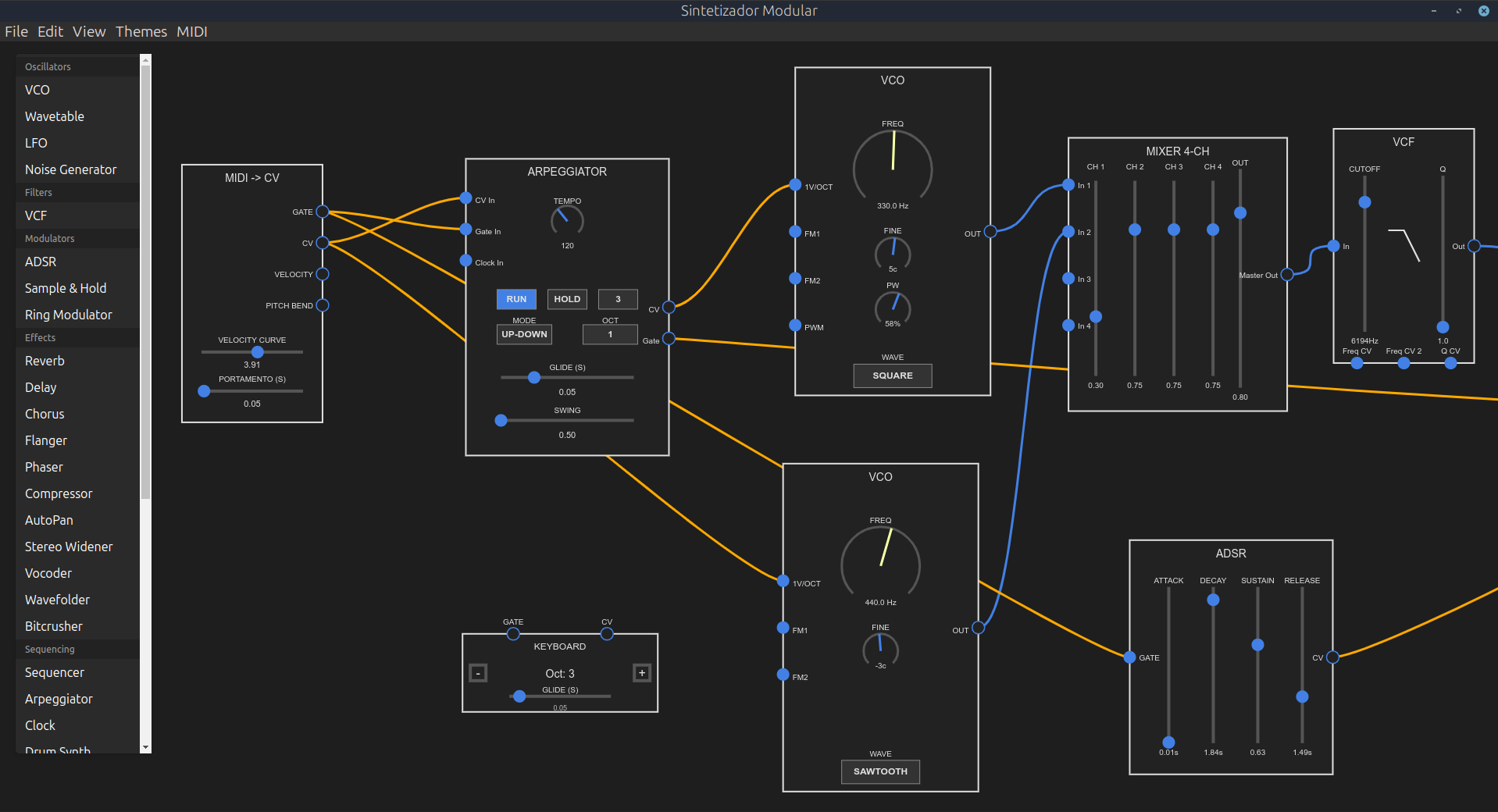 Captura de pantalla del sintetizador ModuGal - Matriz de modulación